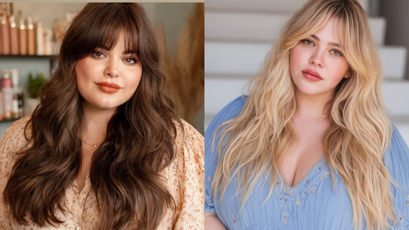 Cabello Largo Con Flequillo Cortina Para Cara Redonda